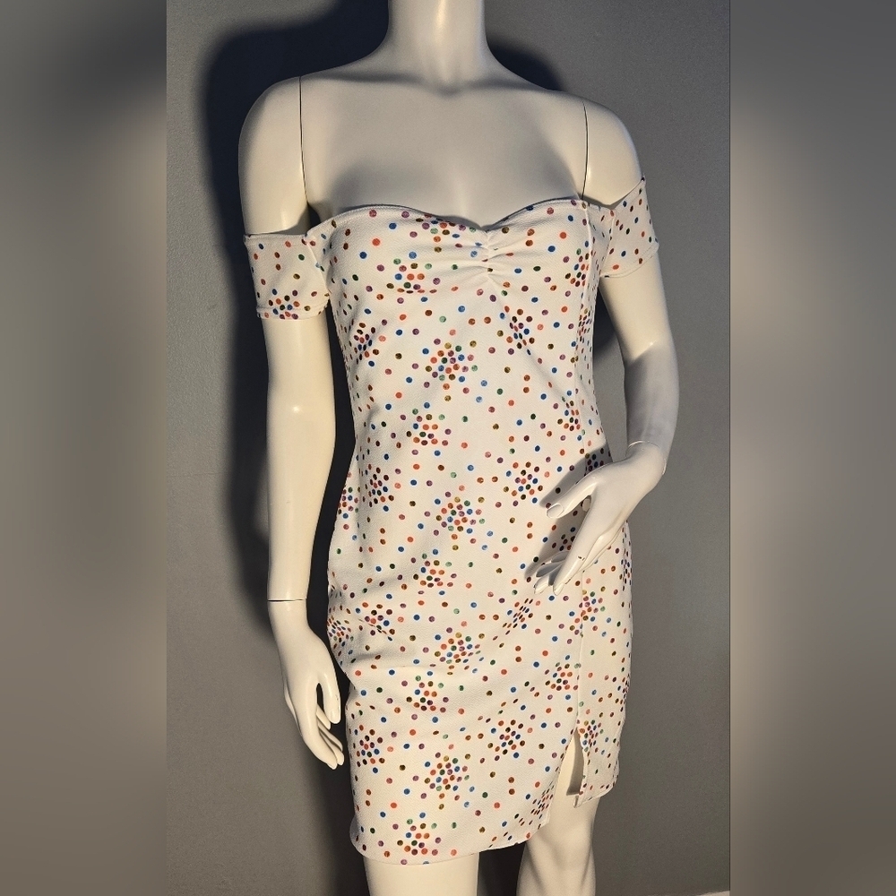 Nasty Gal NEW Stretchy Off The Shoulder White With Polka Dots Mini Size 10